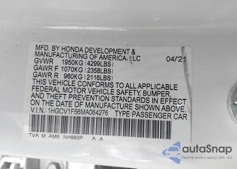 2021 Honda Accord Ex-L z USA, uszkodzony, nr VIN 1HGCV1F56MA064276